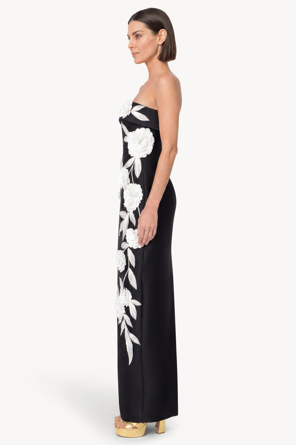 Black White | Strapless Floral Applique Column Gown Side