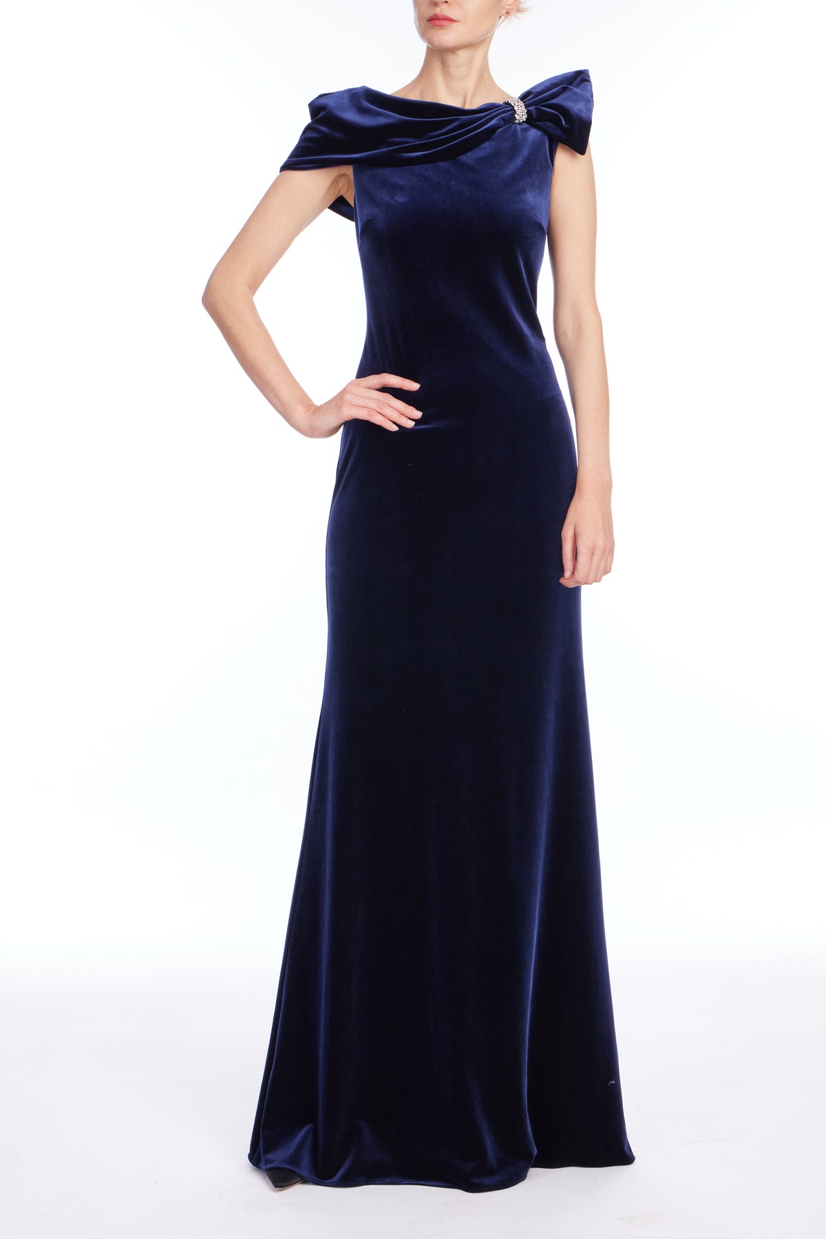 Navy | Off Shoulder Brooch Gown Front