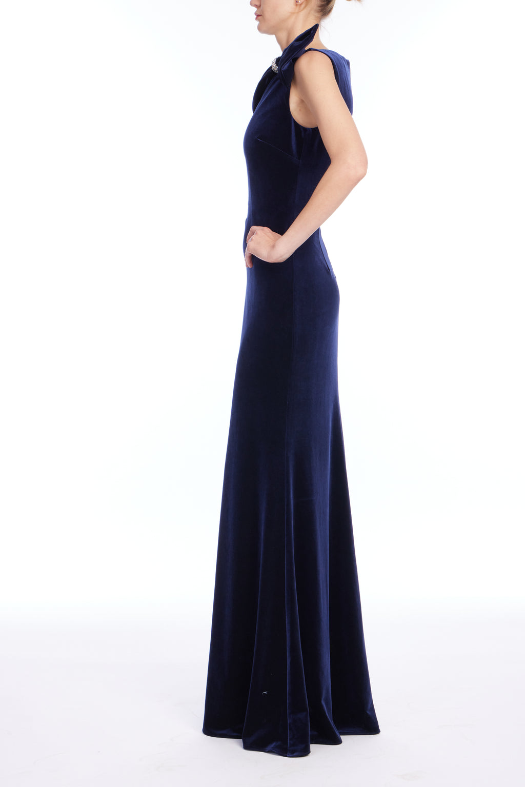 Navy | Off Shoulder Brooch Gown Side