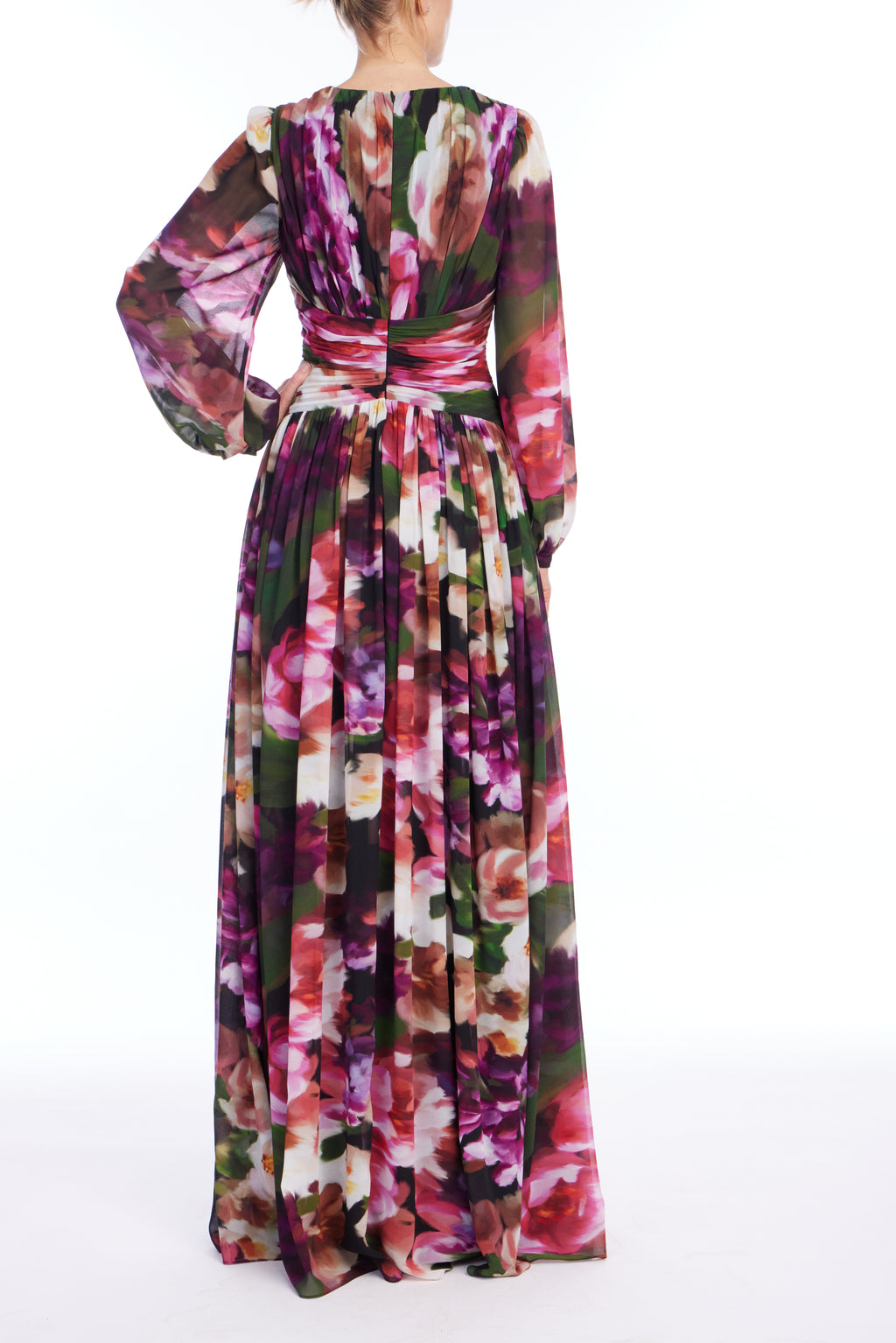 Fuchsia Multi | Pleated Floral Gown Back