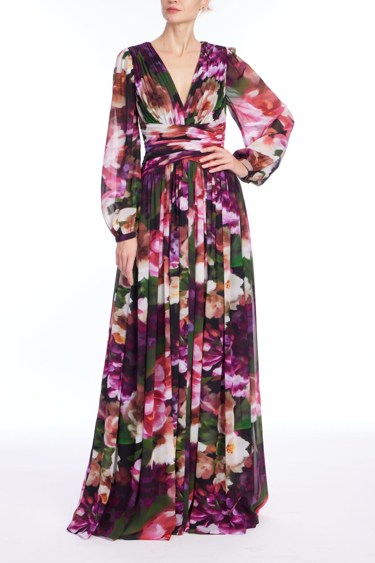 Fuchsia Multi | Pleated Floral Gown Front