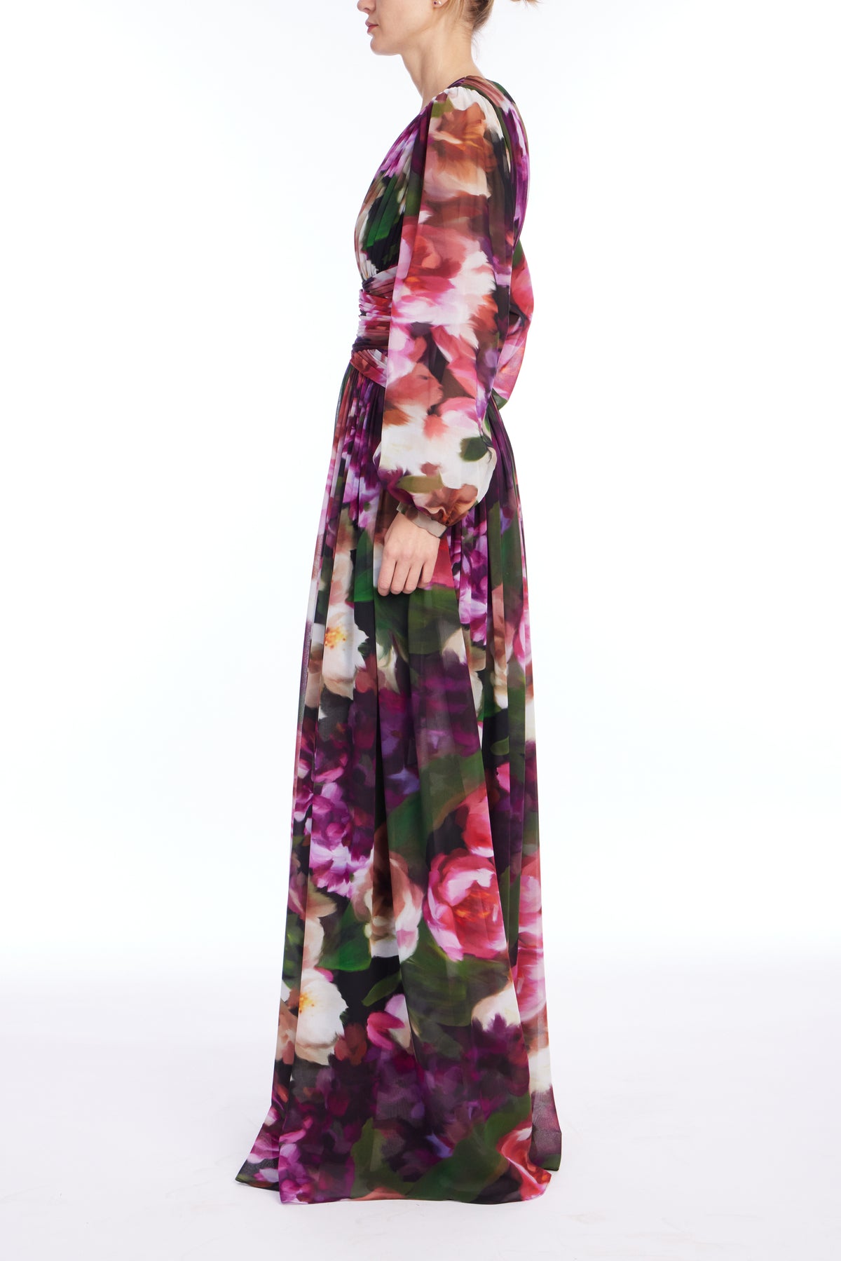Fuchsia Multi | Pleated Floral Gown Side