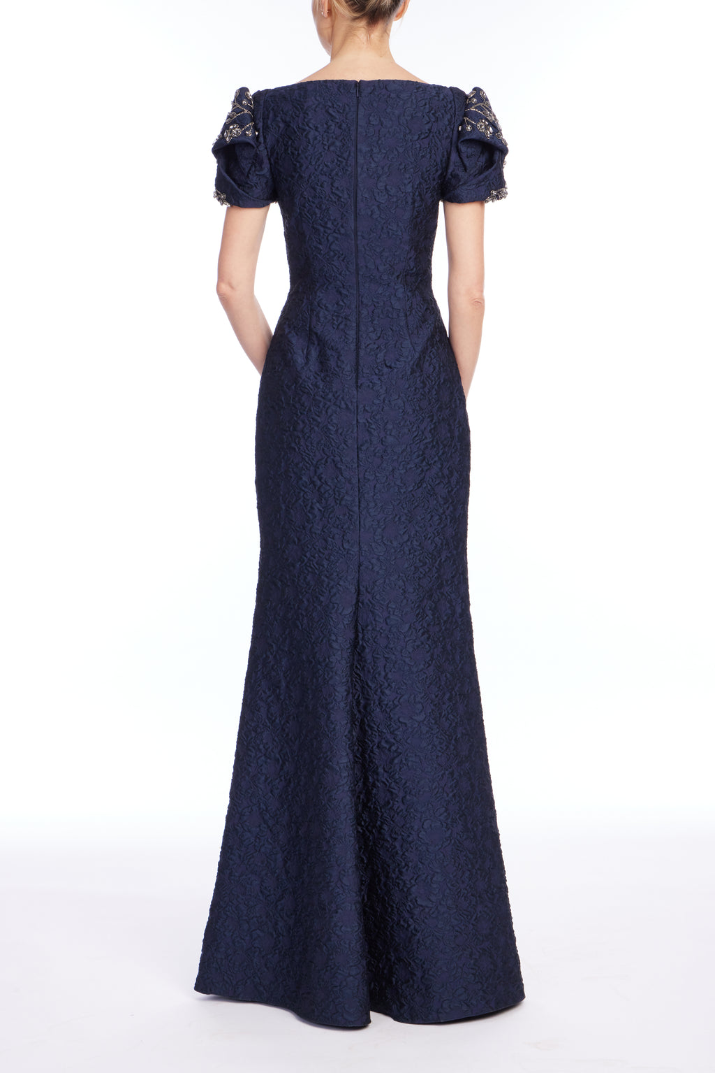 Navy | Knot Sleeve Jacquard Gown Back
