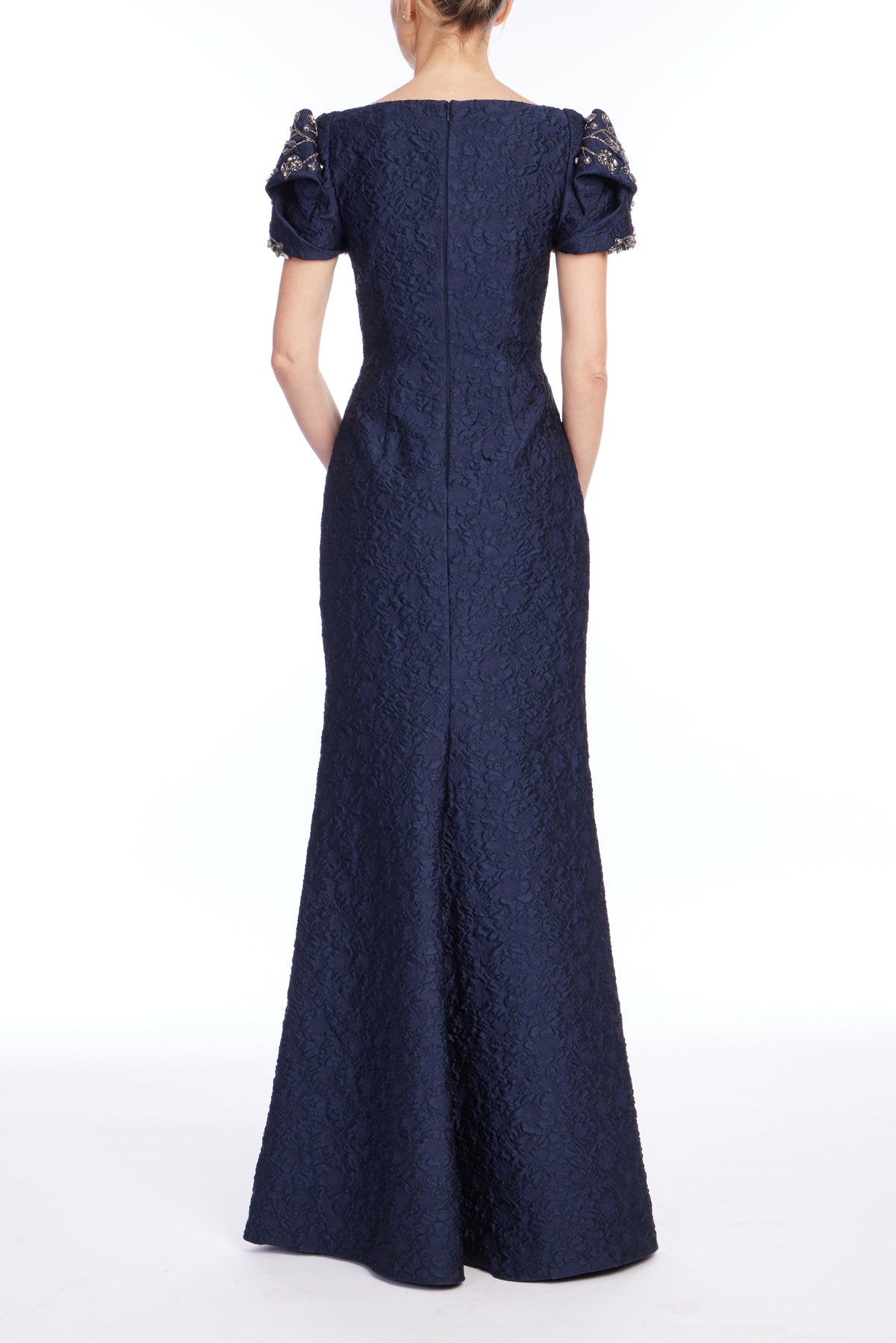 Navy | Knot Sleeve Jacquard Gown Back