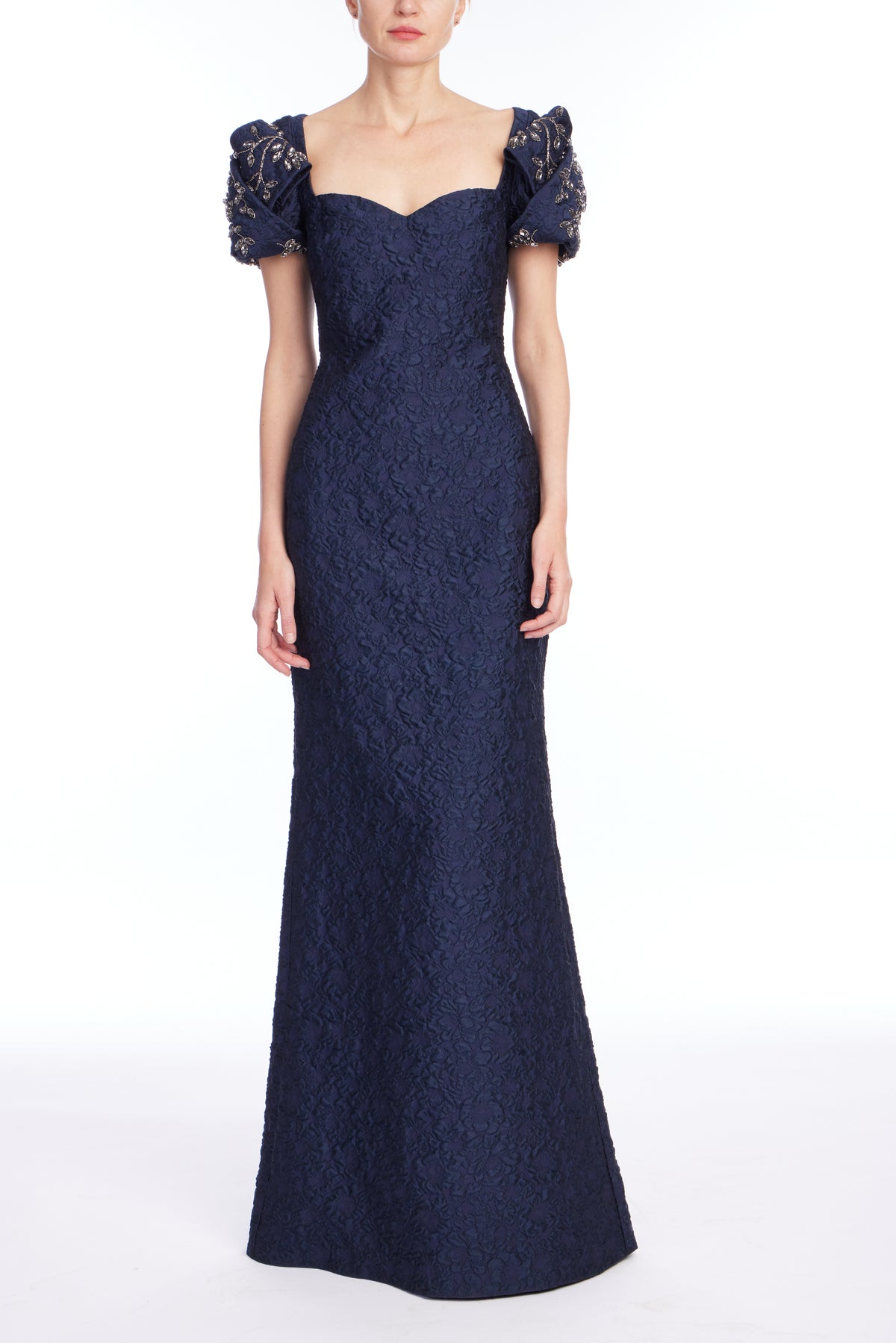 Navy | Knot Sleeve Jacquard Gown Front