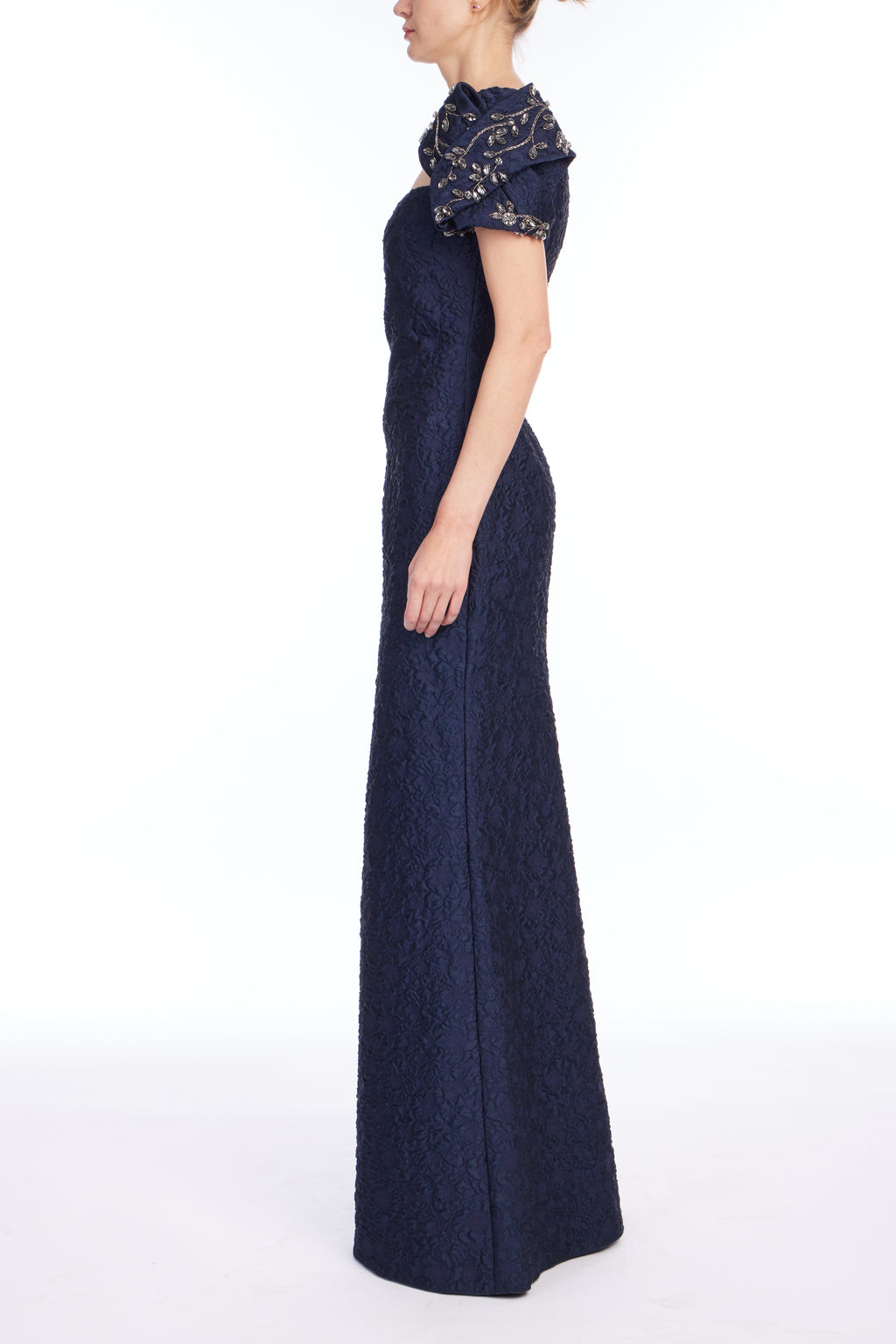 Navy | Knot Sleeve Jacquard Gown Side