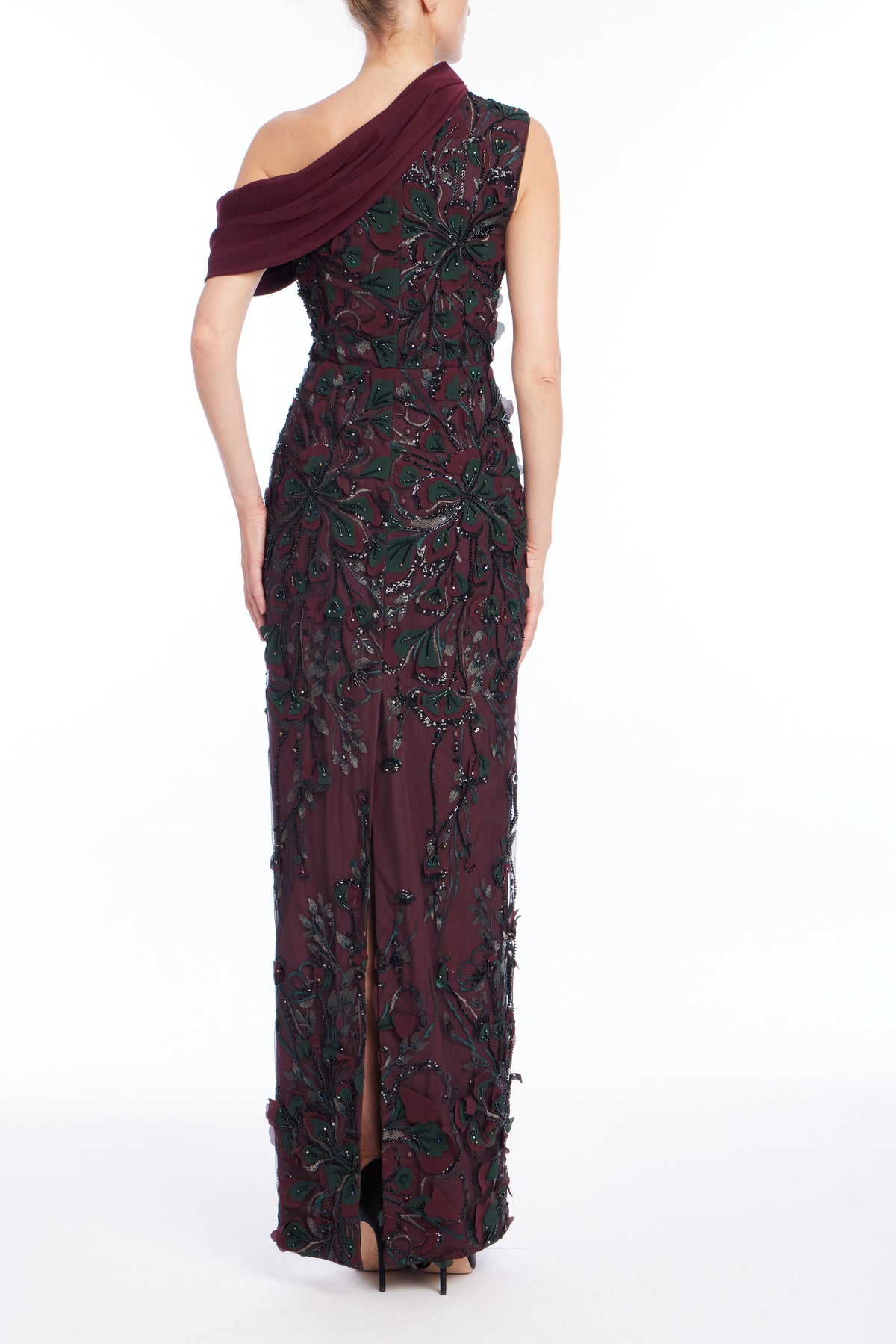 Wine | Embroidered Drape Gown Back