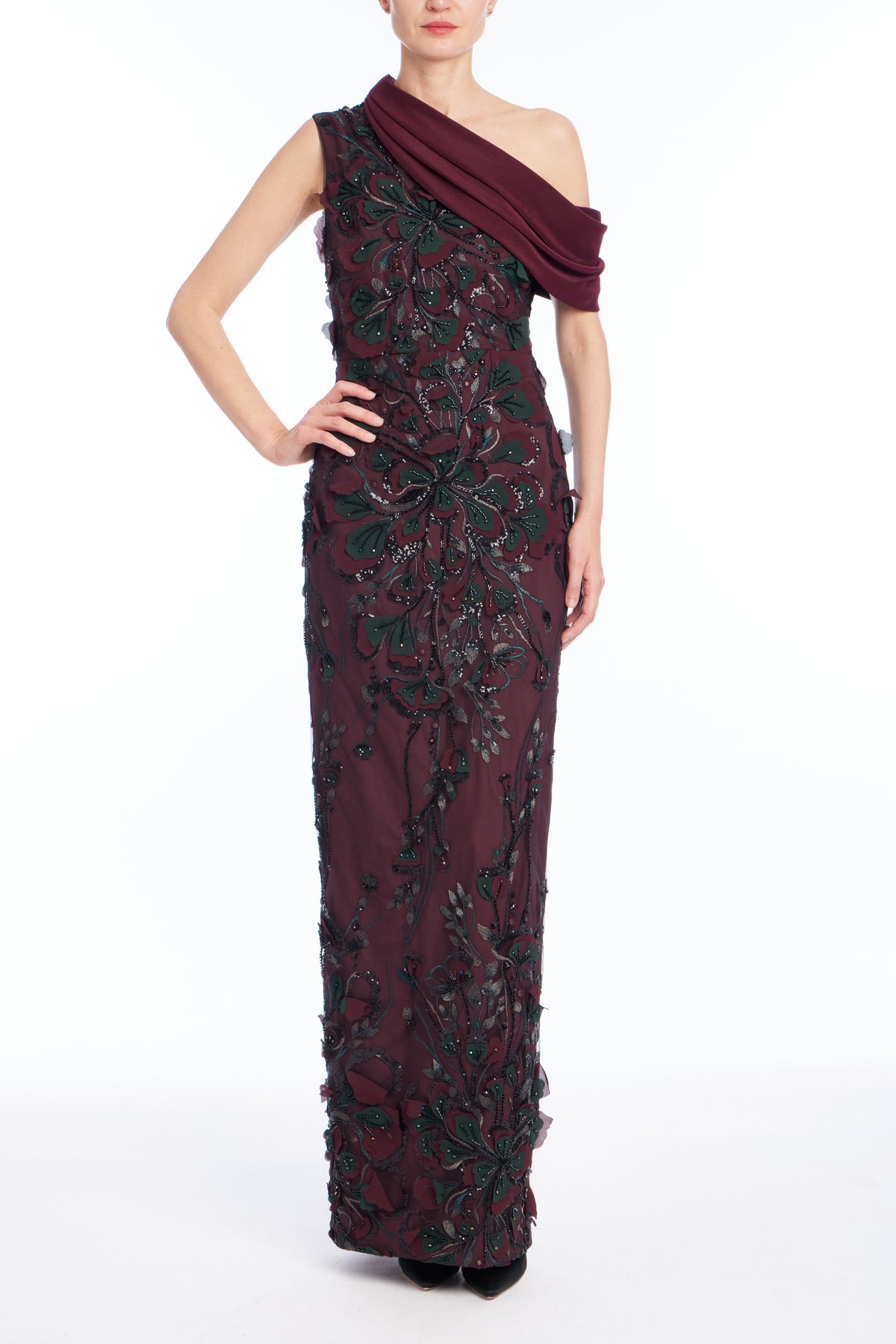 Wine | Embroidered Drape Gown Front