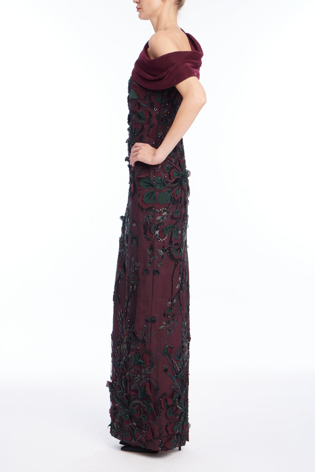 Wine | Embroidered Drape Gown Side