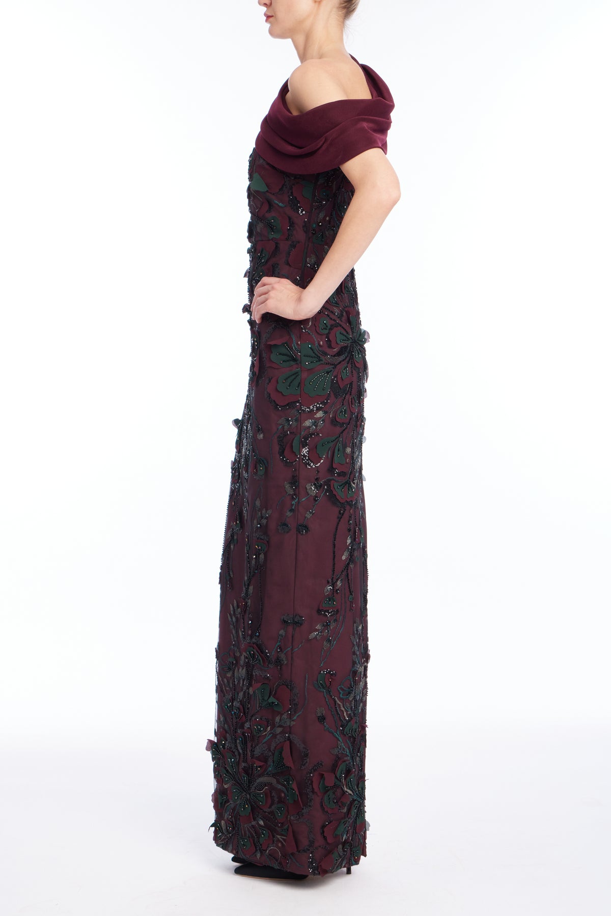 Wine | Embroidered Drape Gown Side