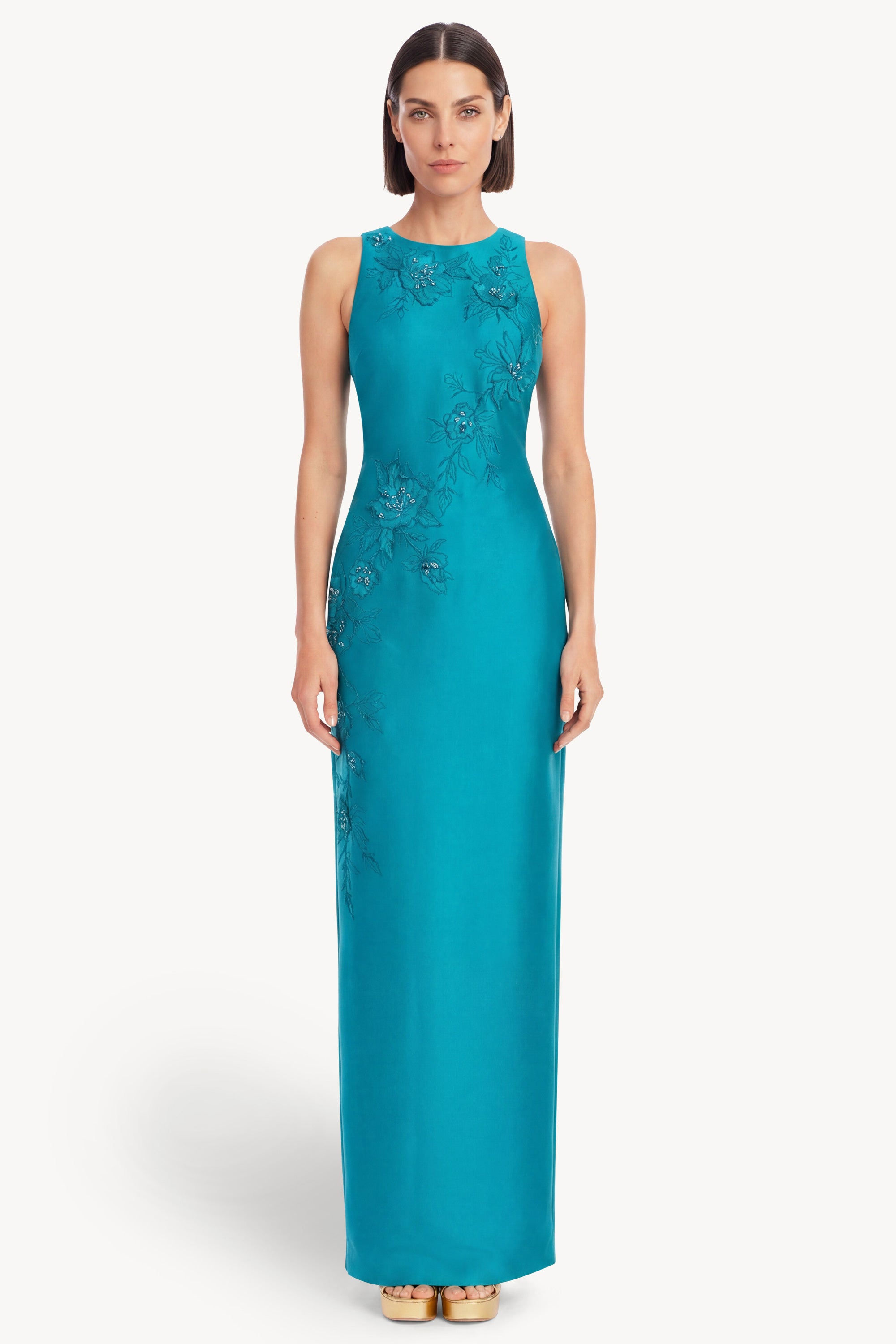 Badgley Mischka Beaded Floral Applique Column Gown, Teal, Women's, 0