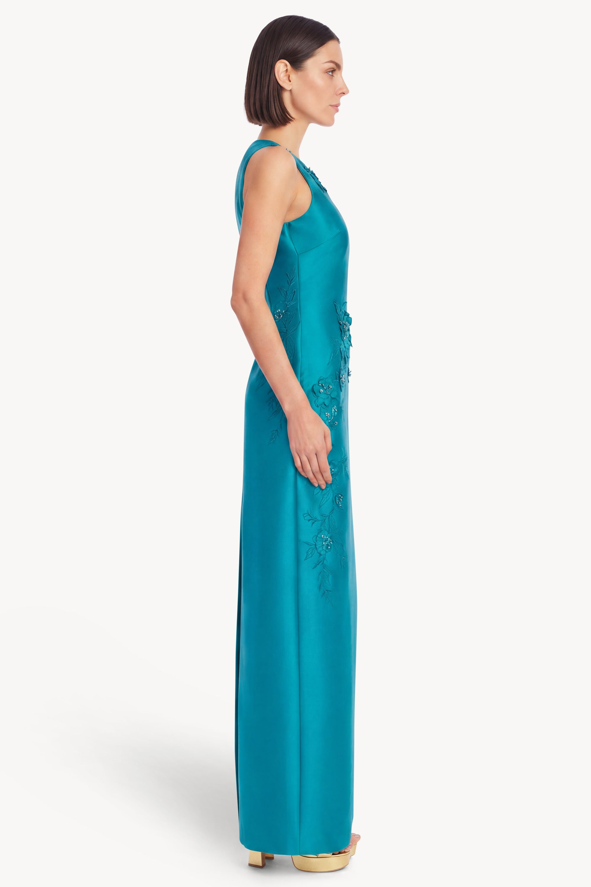Badgley Mischka Beaded Floral Applique Column Gown, Teal, Women's, 0