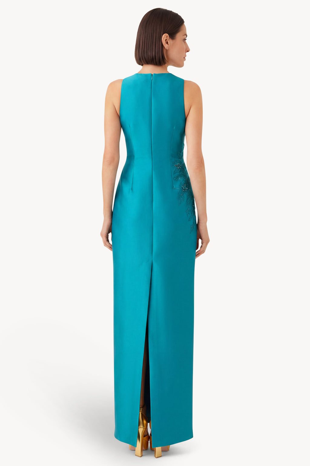 Teal | Beaded Applique Embellished Column Gown Back