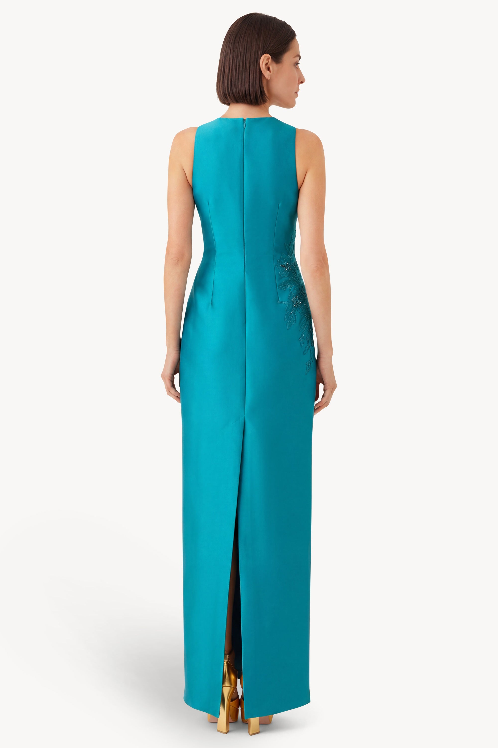 Teal | Beaded Applique Embellished Column Gown Back
