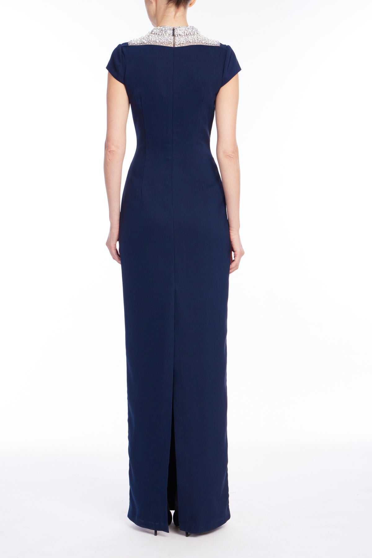 Navy | Cap Sleeve Pearl Gown Back