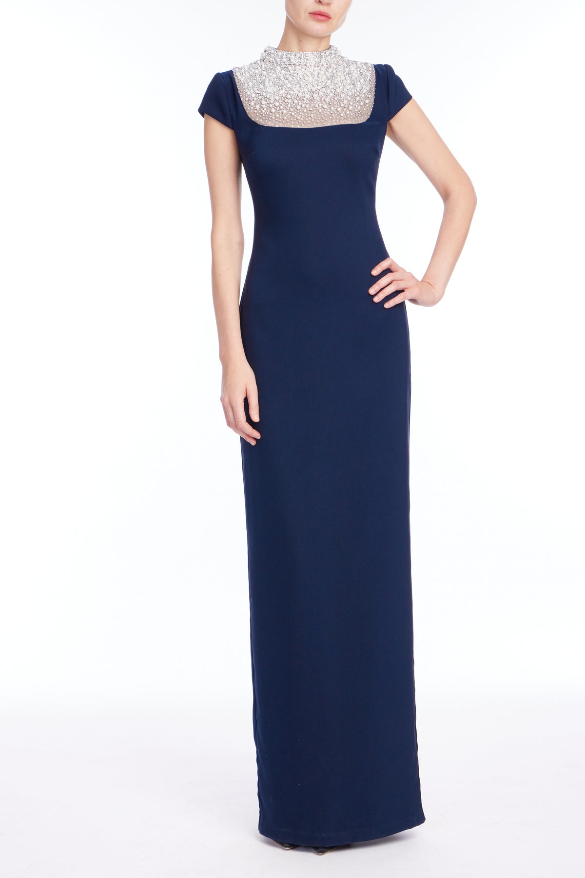 Navy | Cap Sleeve Pearl Gown Front