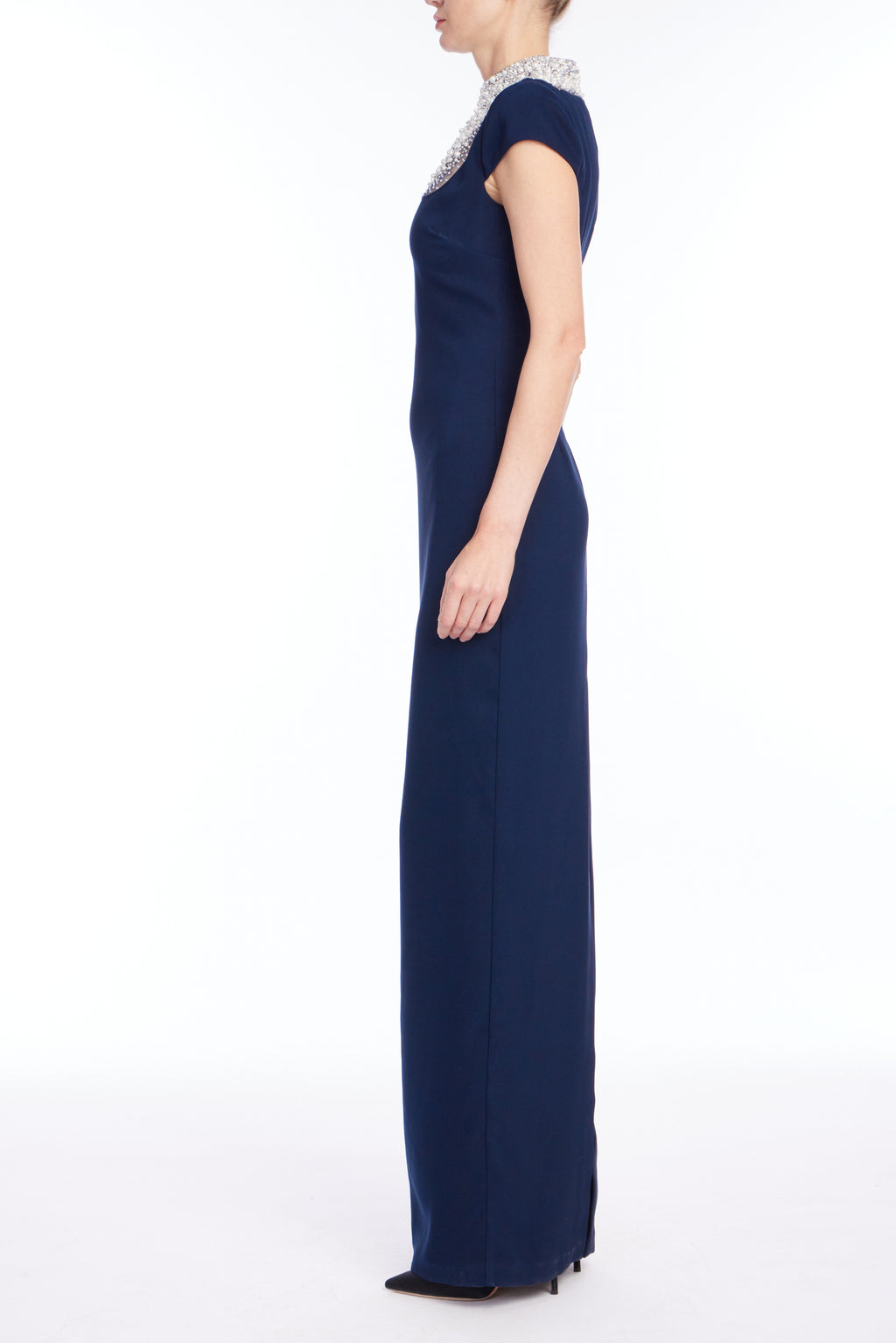 Navy | Cap Sleeve Pearl Gown Side