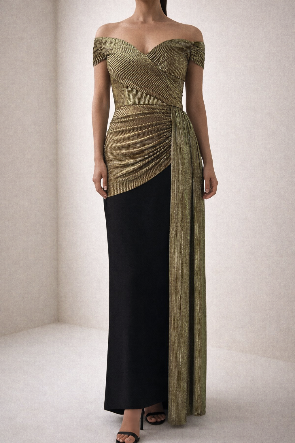 Black Gold | Metallic Drape Gown Front
