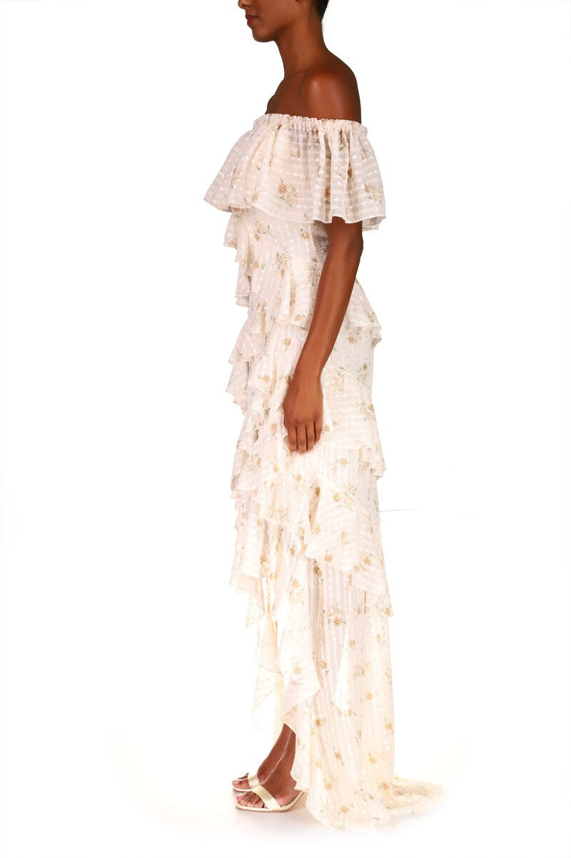 White Lilac | Off-the-Shoulder Lace Tiered Gown