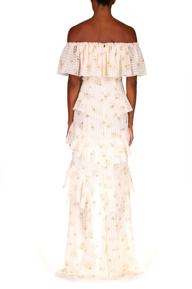 White Lilac | Off-the-Shoulder Lace Tiered Gown