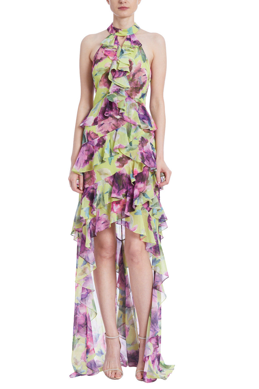 Yellow Multi | Floral Ruffle High-Low Gown