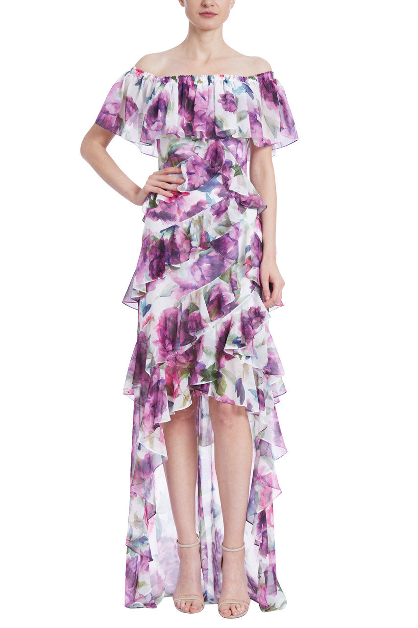White Multi | Floral Ruffle Off-the-Shoulder Gown