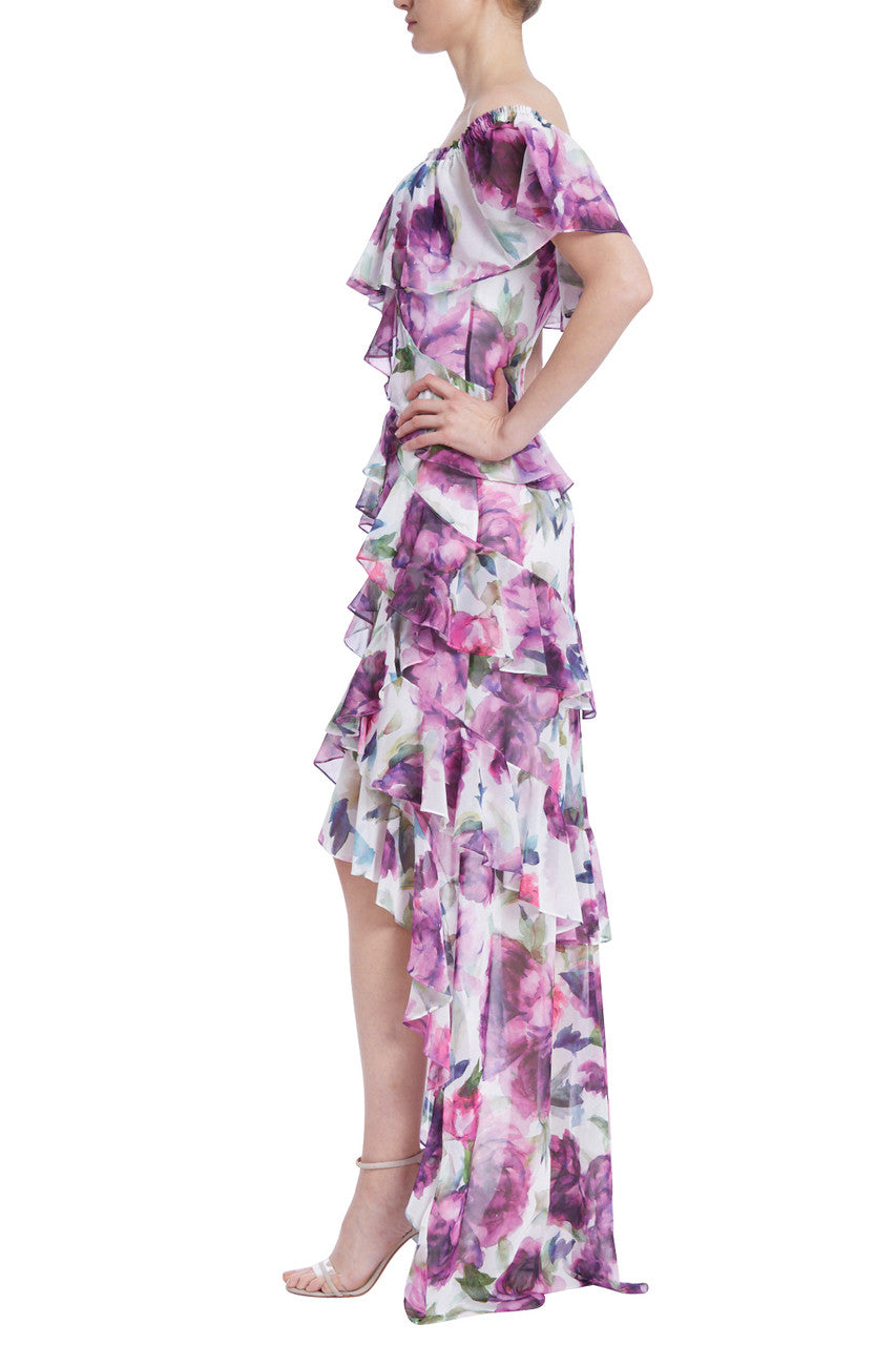 White Multi | Floral Ruffle Off-the-Shoulder Gown