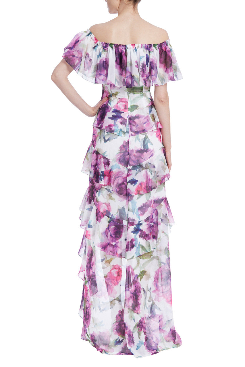 White Multi | Floral Ruffle Off-the-Shoulder Gown