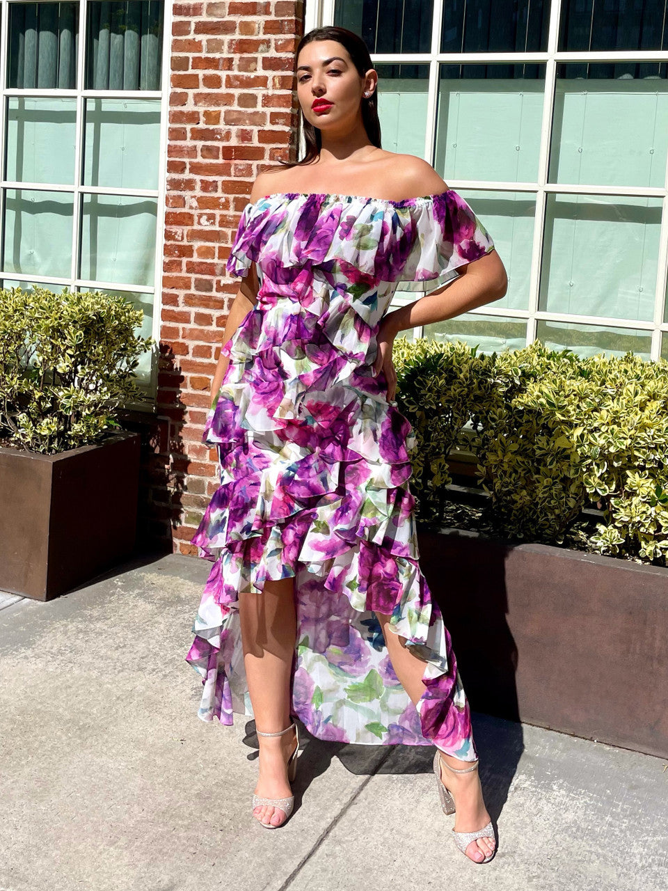 White Multi | Floral Ruffle Off-the-Shoulder Gown