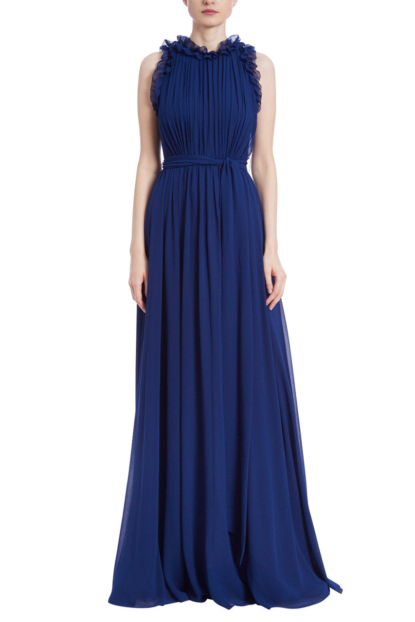 Indigo | Pleated Gown with Ruffle Trim
