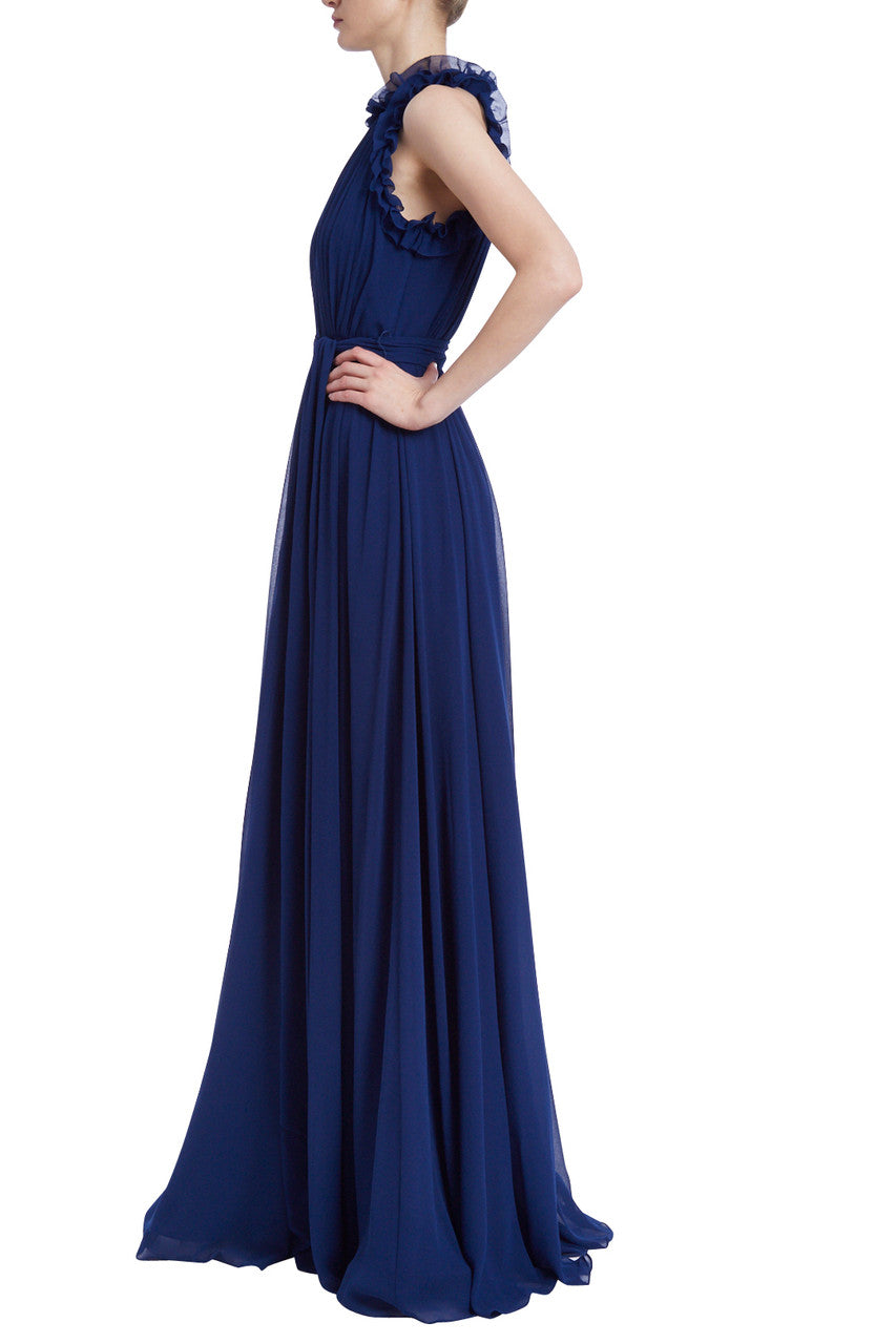 Indigo | Pleated Gown with Ruffle Trim