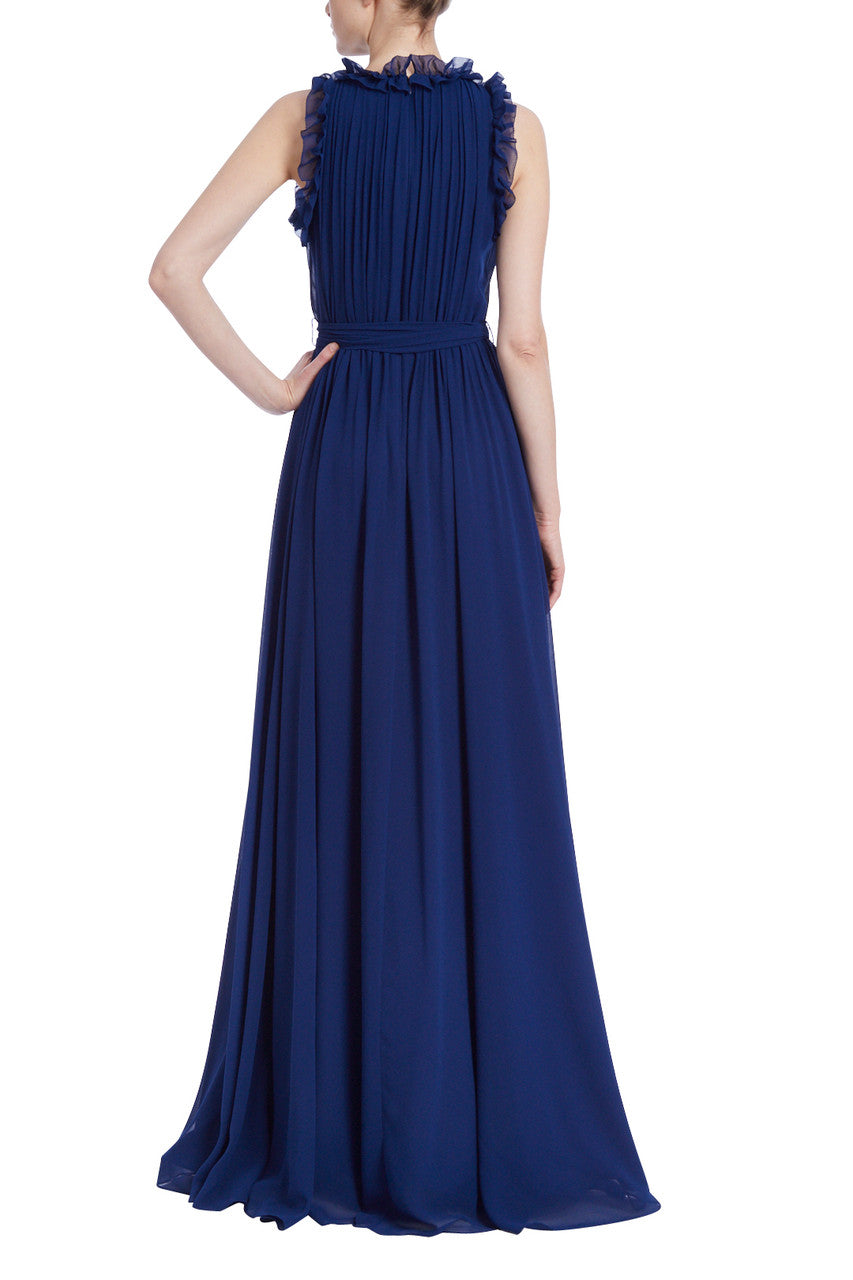 Indigo | Pleated Gown with Ruffle Trim