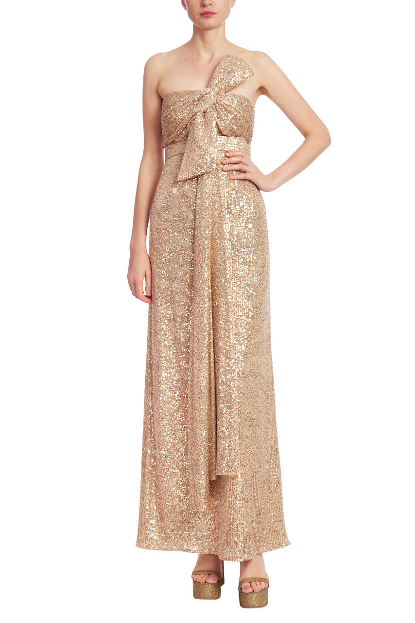 Gold | Strapless Sequined Gown with Bow