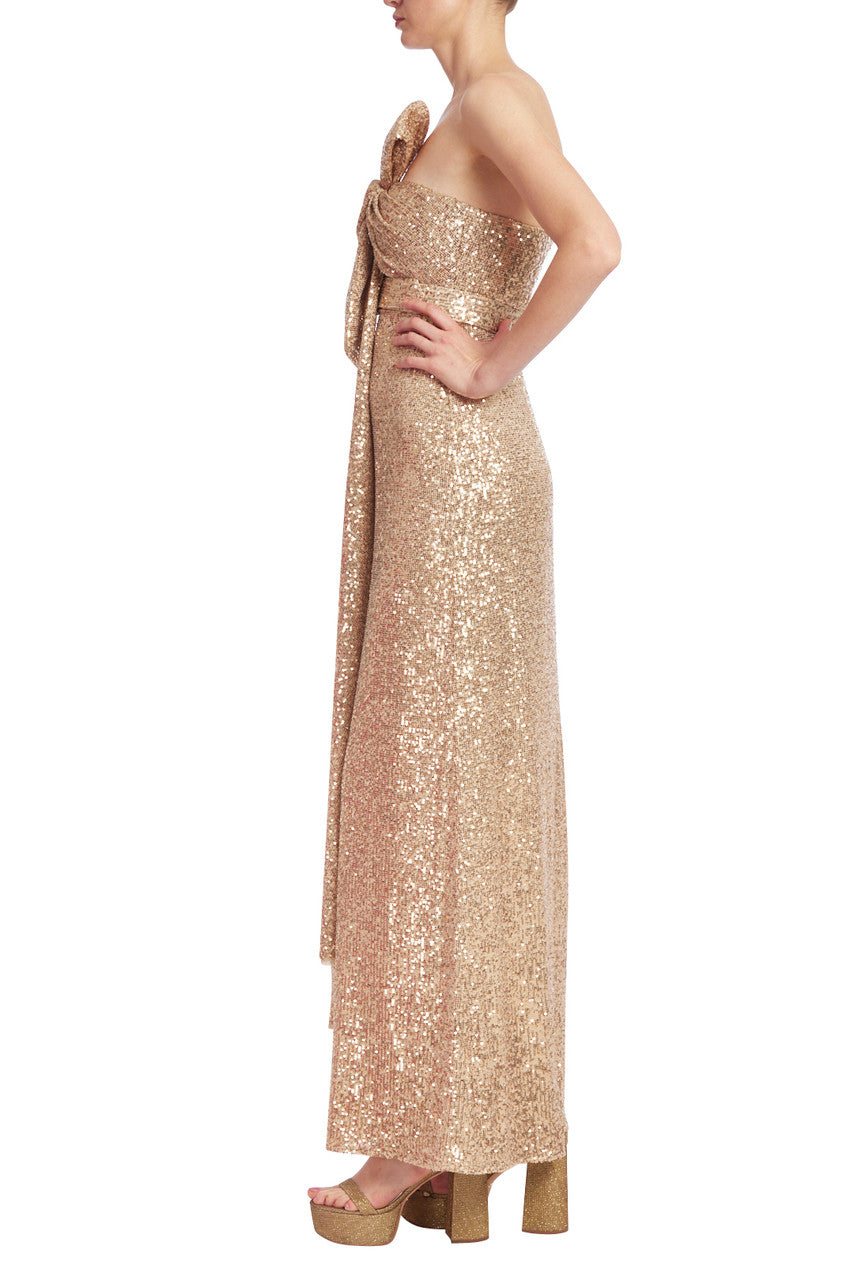 Gold | Strapless Sequined Gown with Bow