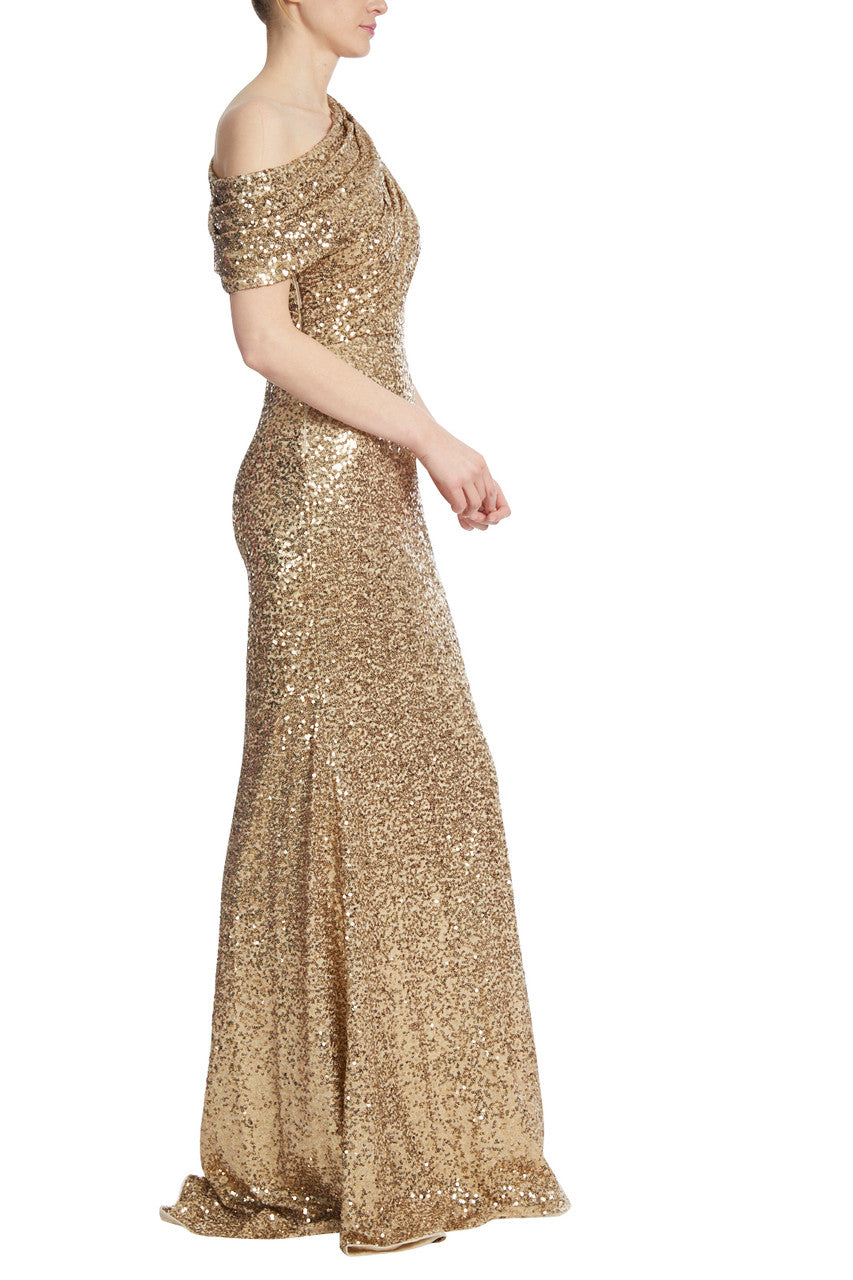 Gold | Draped One-Shoulder Sequin Gown