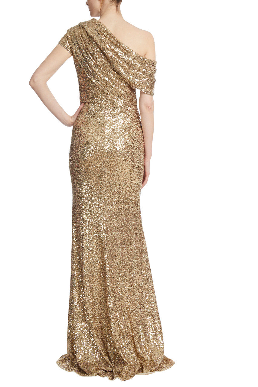 Gold | Draped One-Shoulder Sequin Gown