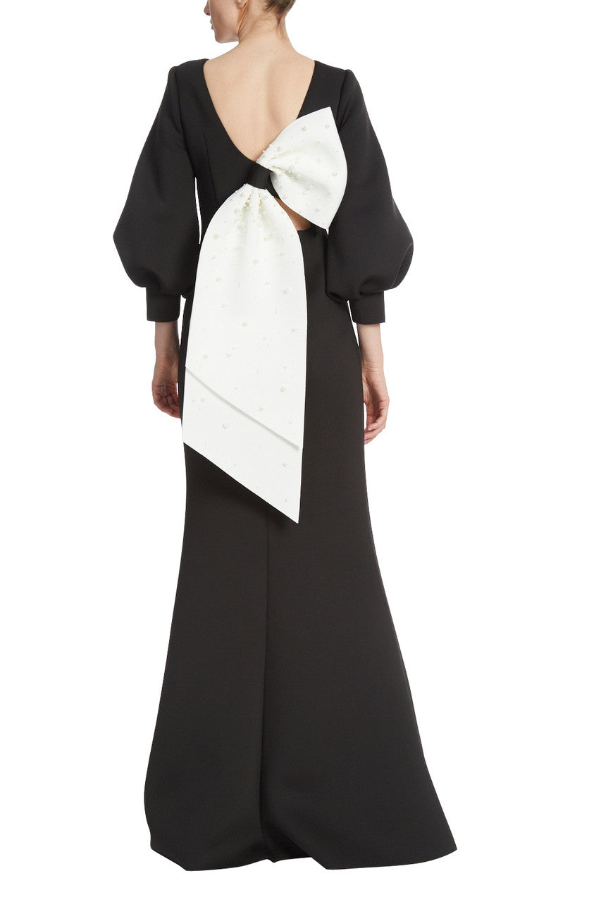 Black Ivory | Black Column Gown with Ivory Pearl Back Bow