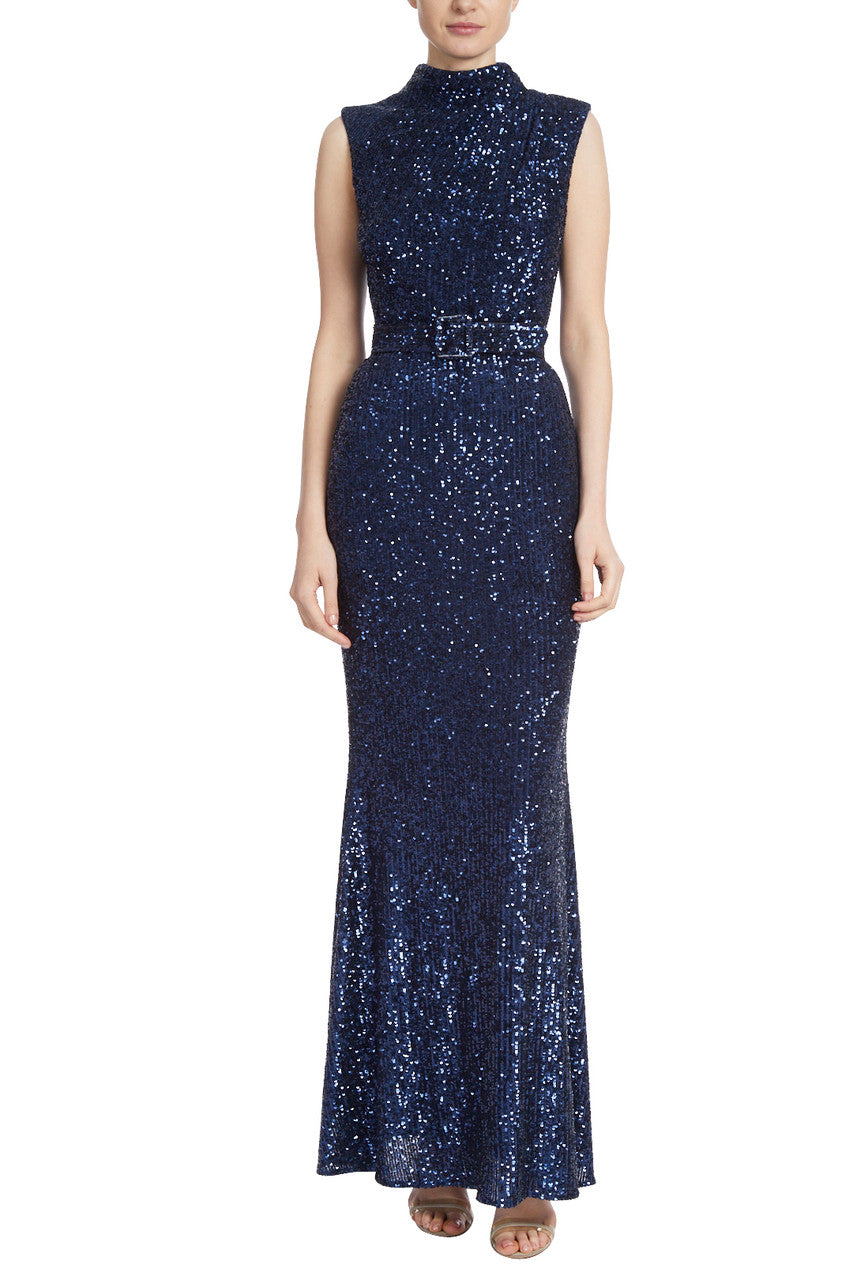 Sapphire | Mock Neck Sequined Gown with Belt