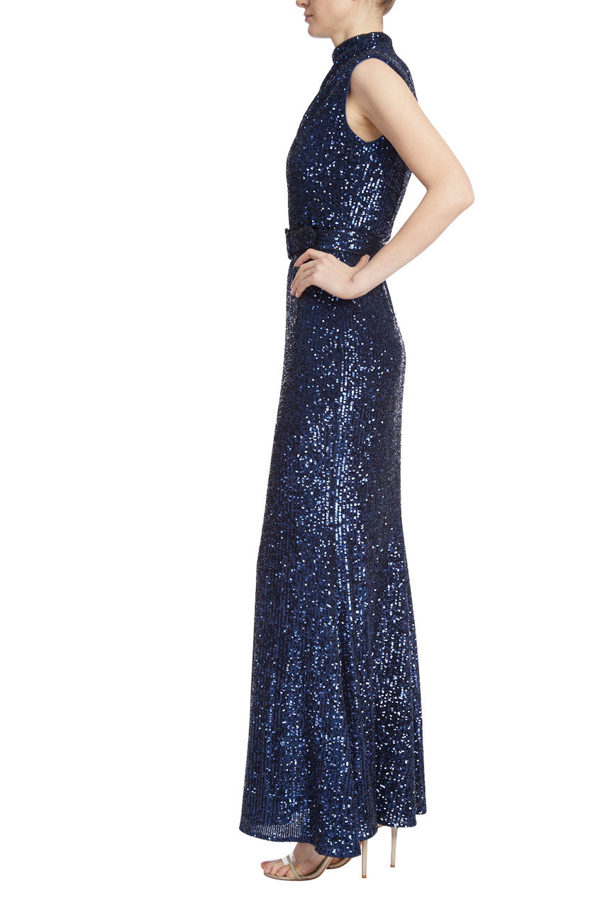 Sapphire | Mock Neck Sequined Gown with Belt