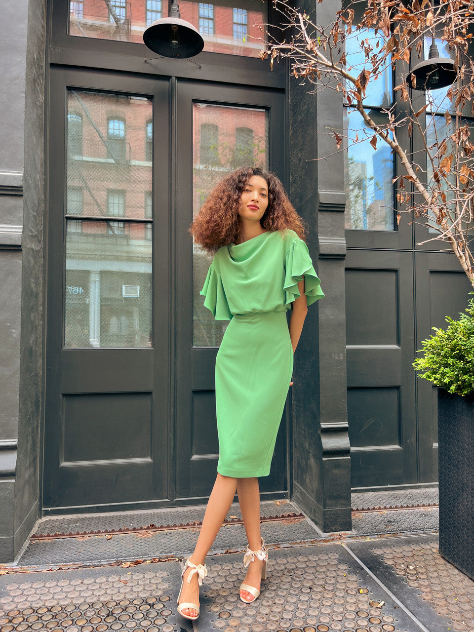 Spearmint | Blouson Sheath Dress with Drapey Sleeves