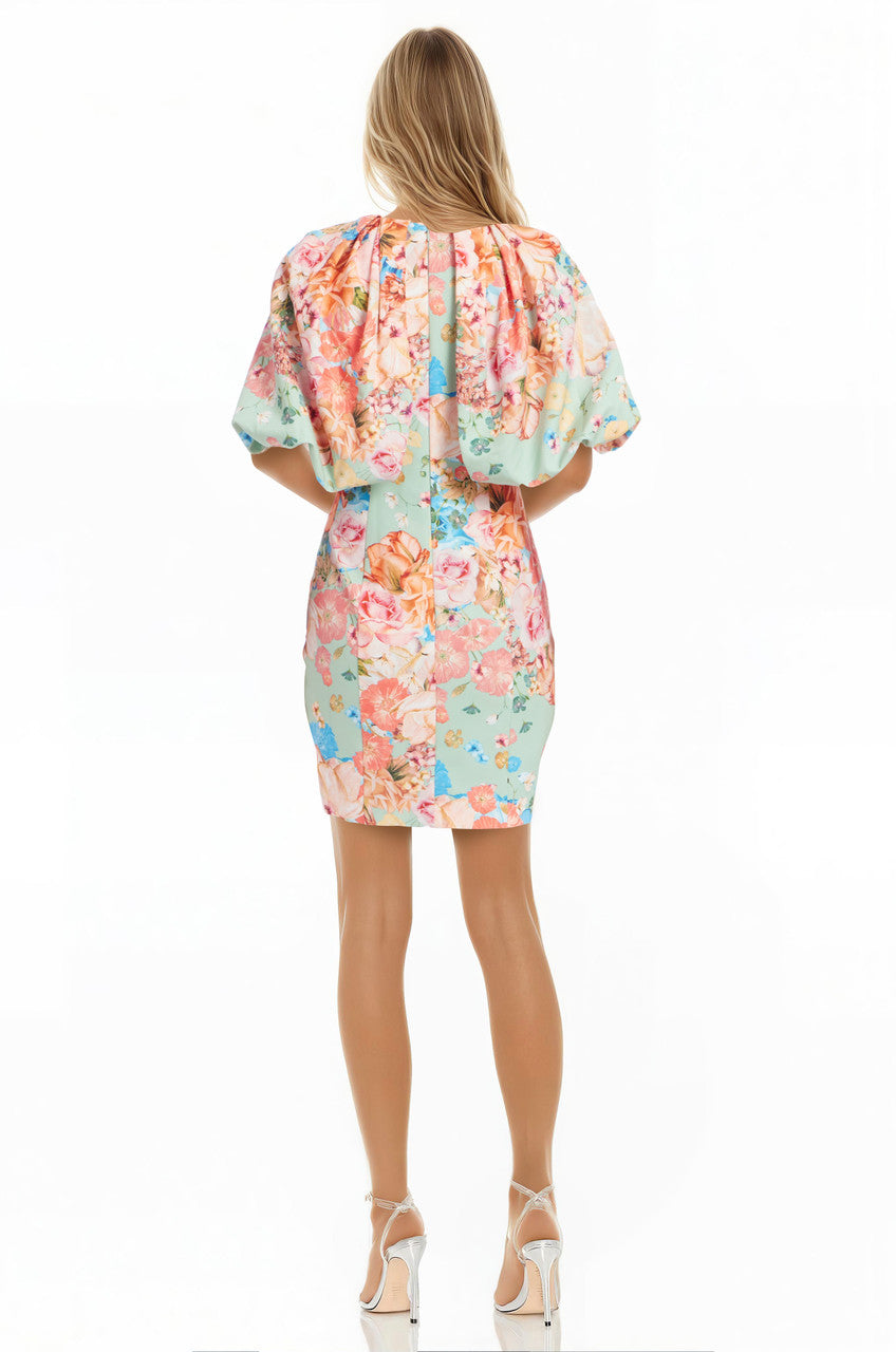 Coral Multi | Eden Puff Sleeve Mini Dress Back