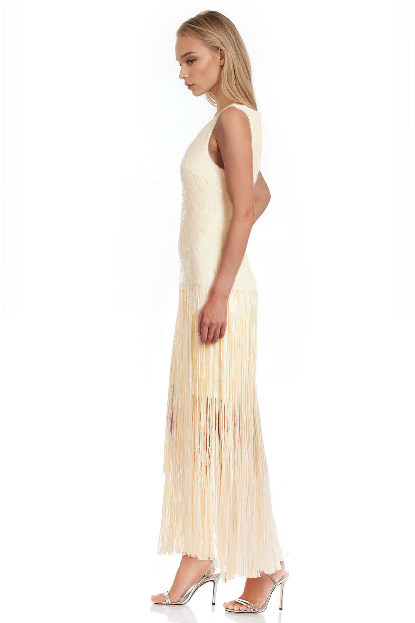 Buttercream | Emilia Tiered Sequin Fringe V-Neck Dress Side