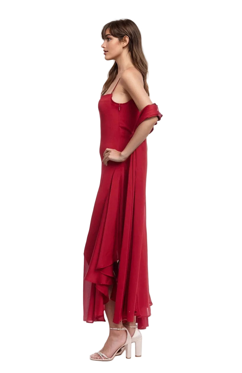 Red | Janie Square Neck Midi Dress with Chiffon Scarf Detail Side