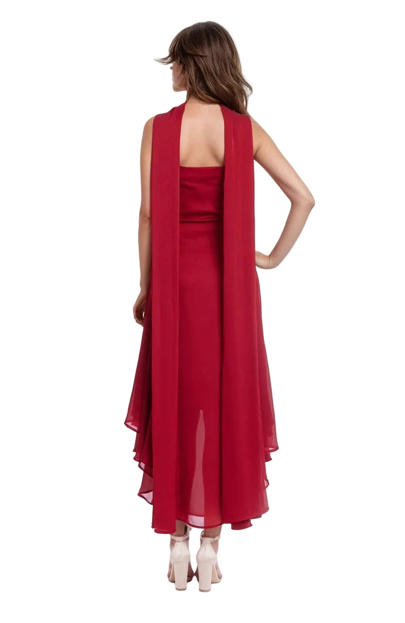 Red | Janie Square Neck Midi Dress with Chiffon Scarf Detail Back