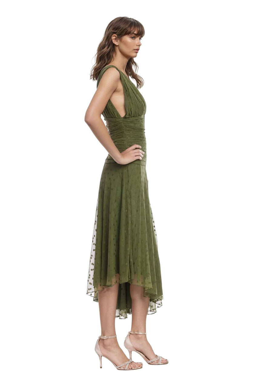 Katie Draped V-Neck Asymmetrical Hem Dress by Jewel Badgley Mischka