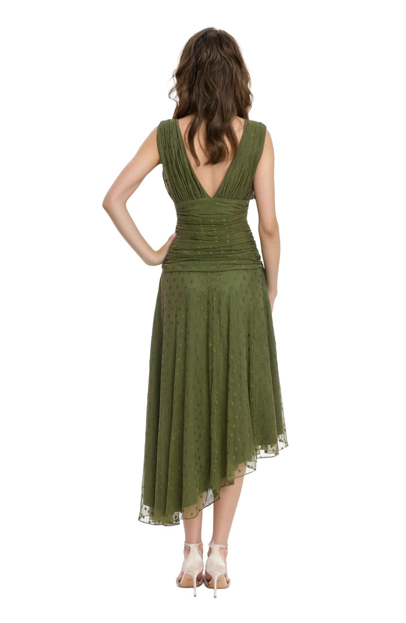 Katie Draped V-Neck Asymmetrical Hem Dress by Jewel Badgley Mischka