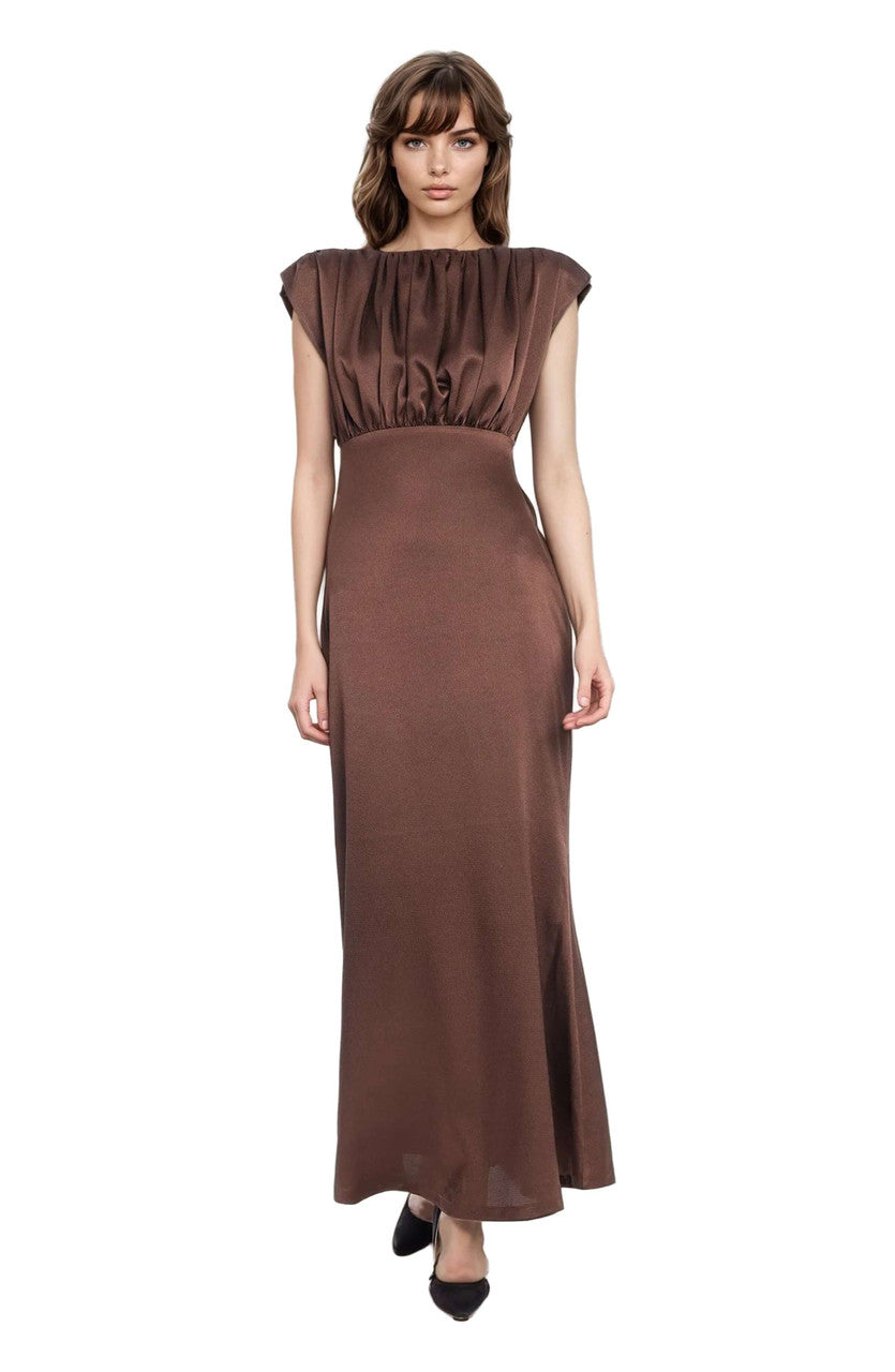 Brown | Kelly High Neck Gathered Bodice Gown Front