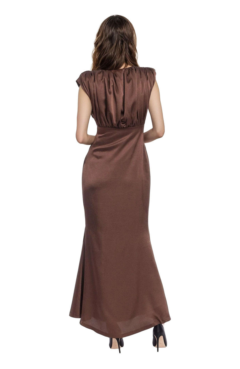 Brown | Kelly High Neck Gathered Bodice Gown Back
