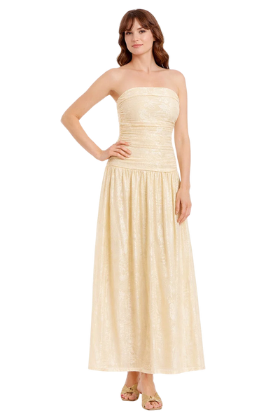 badgley mischka drop waist velvet dress Natasha Floral Strapless Dropwaist Maxi by Jewel Judy Blue Yumi White Lemon Print creating a long Color:WHITE-BLUE-MUL