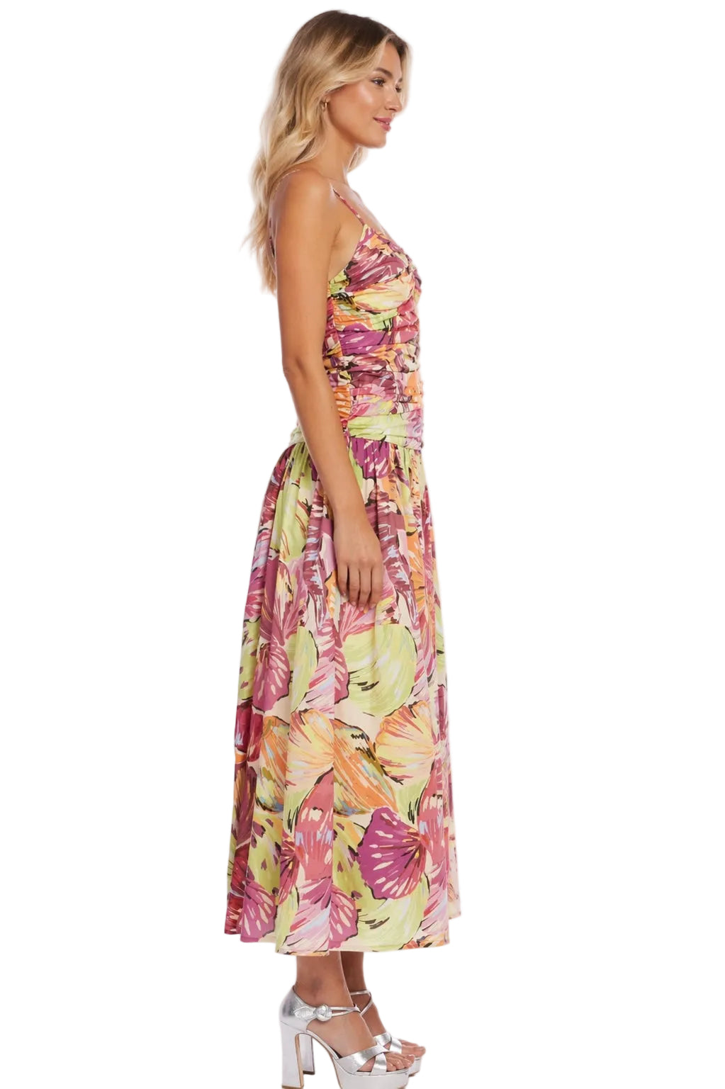 Pink Multi | Printed Spaghetti Strap Cotton Day Dress Side
